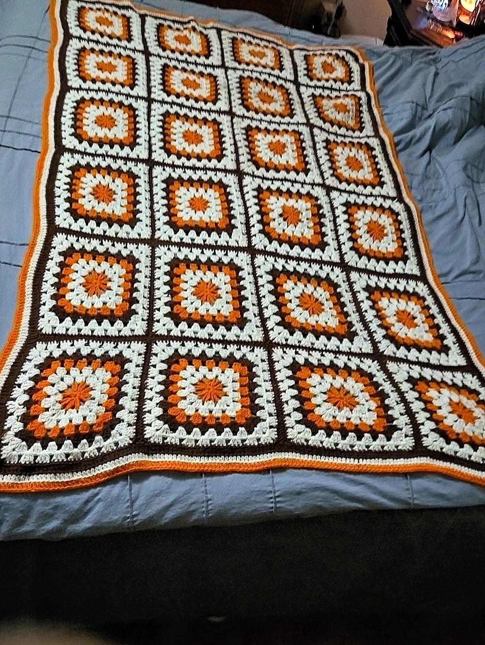Crochet Granny Square Blanket in Brown & Orange